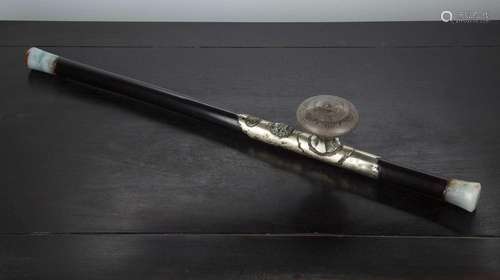 Blackwood opium pipe Chinese, late 19th Century with jade mo...