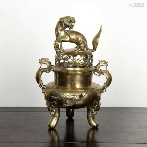 Large bronze censer and cover Chinese, 19th Century with dra...