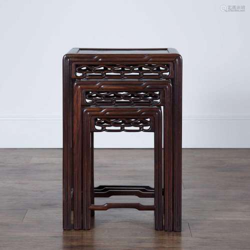 Nest of hardwood and burr wood occasional tables Chinese, ci...