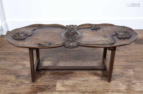 Lotus carved wood occasional table Burmese with shaped top a...