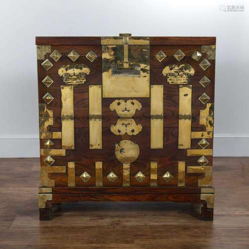 Elm and brass cabinet Korean, 19th Century having a fall fro...