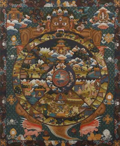 Painted mandala Tibetan, 20th Century with central wheel of ...