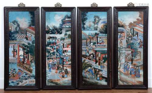 Four large reverse glass paintings Chinese, Qianlong period ...