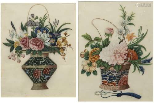 Two pith pictures Chinese, 19th Century painted with baskets...