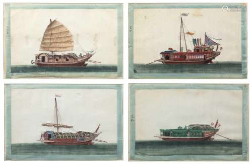 Group of four framed pictures of junks Chinese, 19th Century...