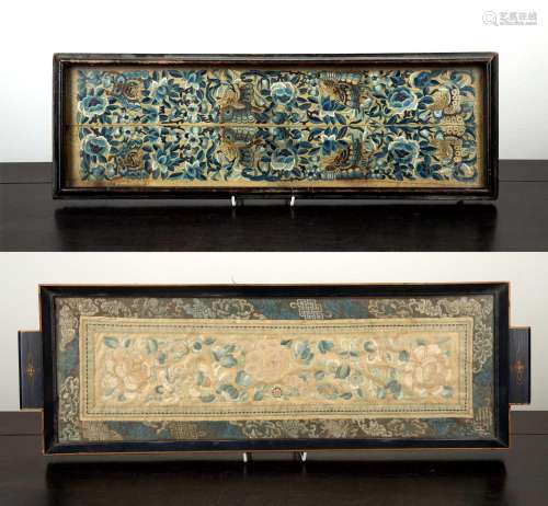Two framed silk sleeve panels Chinese, 19th Century one depi...