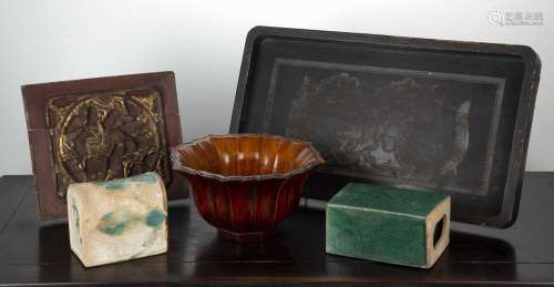 Group of pieces Chinese including a square carved temple pan...