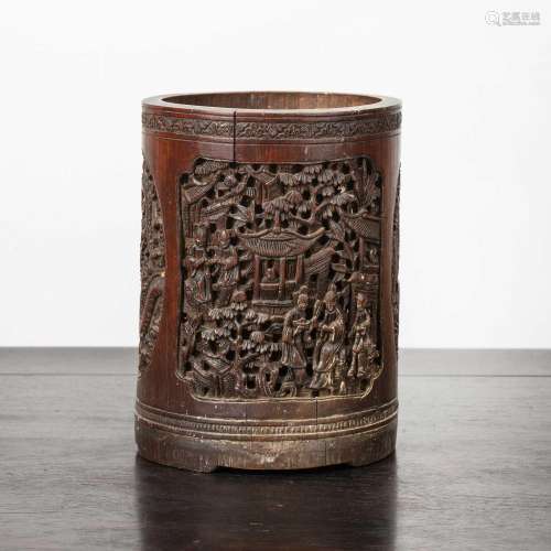 Bamboo brush pot Chinese, 19th Century carved with panels of...