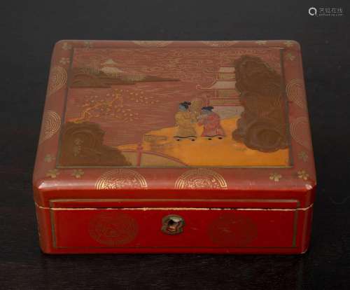 Red lacquer box Chinese, 20th Century decorated in yellow hi...