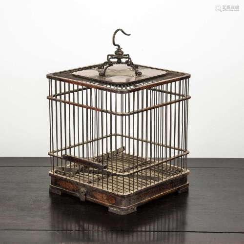 Carved wooden bird cage Chinese with applied hanging metal m...