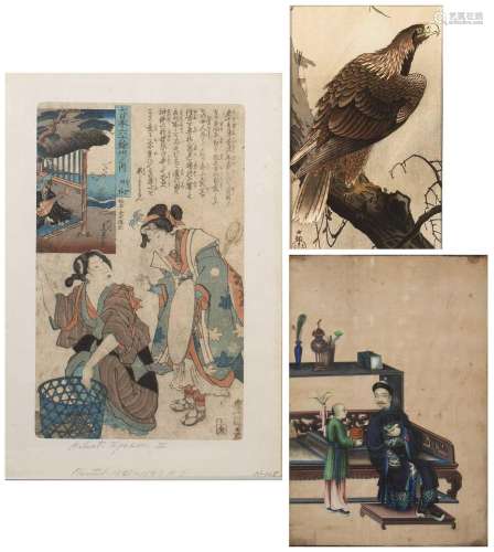 Three pictures Chinese, 19th Century pith painting of a knee...