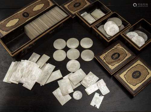 Collection of mother-of-pearl gaming counters and lacquer bo...