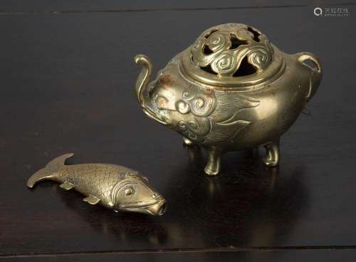 Bronze censer and an engraved brass fish Chinese, late 19th ...