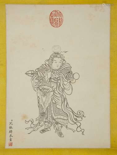 Chinese School scroll painting painted with a Guardian figur...