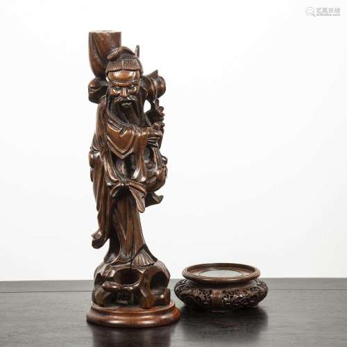Carved wood lohan figure Chinese previously fitted as a lamp...