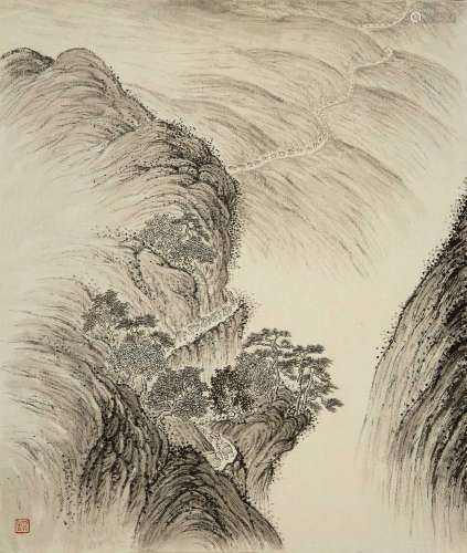 Chiang Yee (Chinese, 1903-1977) Vehicles in a mountain lands...