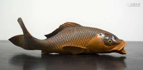 Wood carving of a swimming koi Japanese, mid Meiji finely ca...