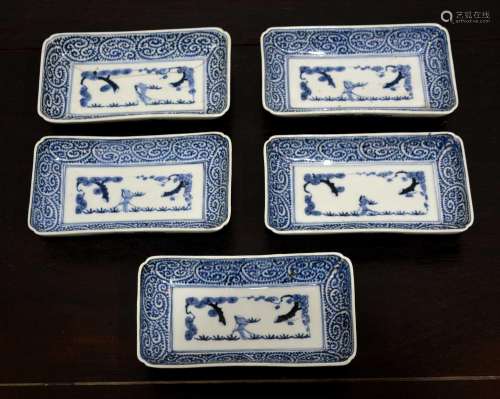 Five Arita blue and white porcelain rectangular shallow dish...