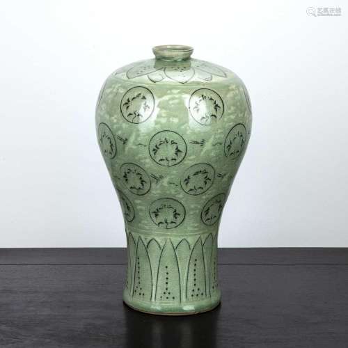 Mei-ping shaped celadon vase Korean with leaf designs to the...