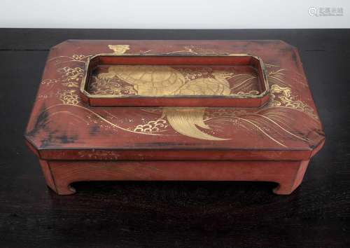 Red and gold lacquer ogame Japanese, Meiji period with waves...
