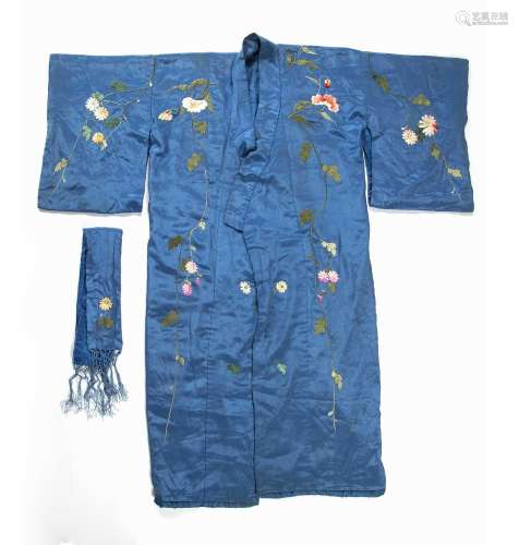 Japanese Kimono of blue ground with embroidered decoration P...