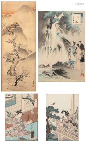 Group of three wood block prints to include Toshikata (1866 ...