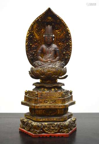Giltwood buddha Korean sat on a lotus base, perched on an el...