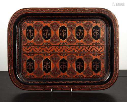 Red lacquer tray Burmese decorated to the centre with variou...