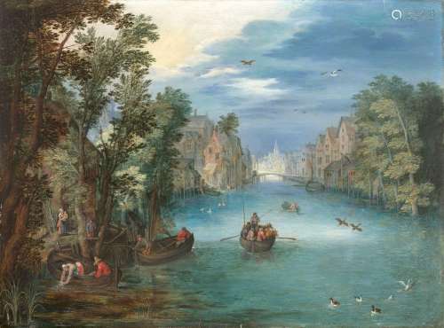 Jan BRUEGHEL le Jeune Anvers, 1601 - 1678Paysage fluvial ani...