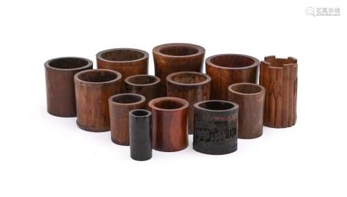 A group of Chinese wood and bamboo brush pots