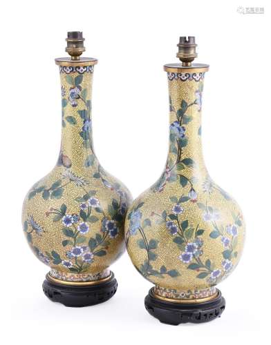 A pair of Chinese cloisonné yellow-ground vases