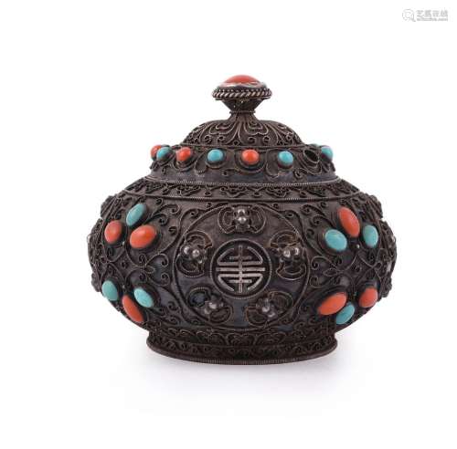 Y A Chinese silver turquoise and coral inlaid small vase and...