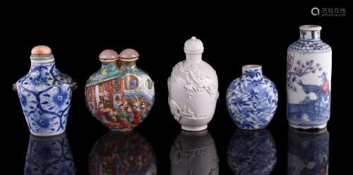 Five various Chinese porcelain snuff bottles