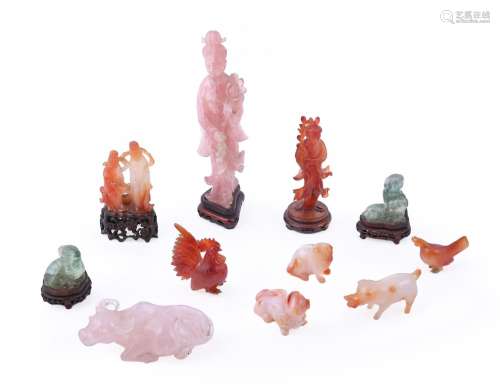 A group of Chinese carnelian agate and rose quartz carvings