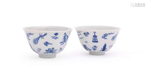 A pair of Chinese blue and white 'Daoist Emblems' tea bowls