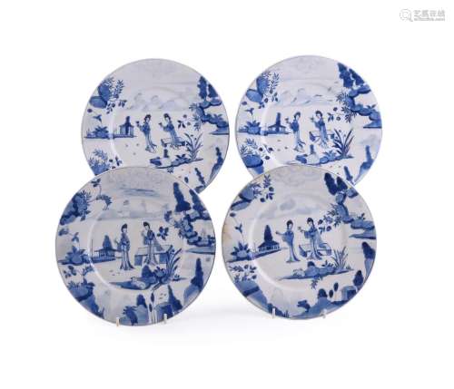 A set of four Chinese blue & white 'ladies' plates