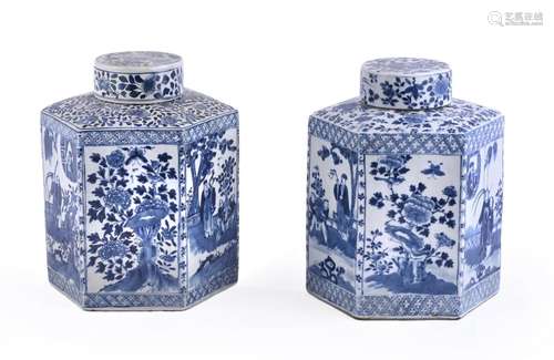 A pair of Chinese blue and white hexagonal tea caddies and c...