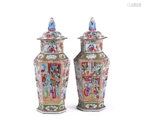 A pair of Chinese Canton export famille rose hexagonal vases...
