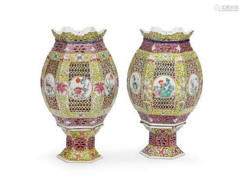 A pair of Chinese Famille Rose pierced lanterns and fixed st...