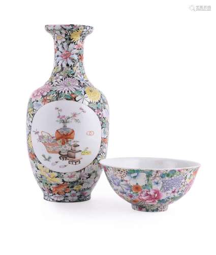 A Chinese famille noire 'Mille fleur' vase and a bowl