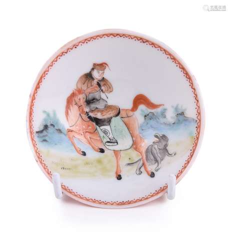 A Chinese iron red and famille rose 'hunting scene' bowl