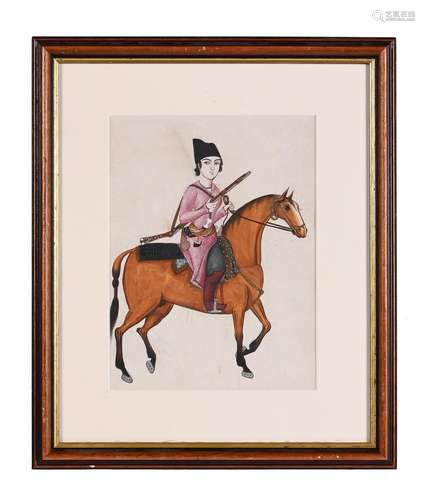 A Qajar Portrait of a Young Prince Hunting on Horseback