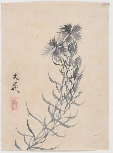 A Japanese Sumi-e painting on paper depicting a leafy stem o...