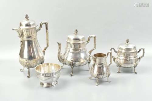 Set of 5 French Sterling Silver Teapot & Stem Bowl
