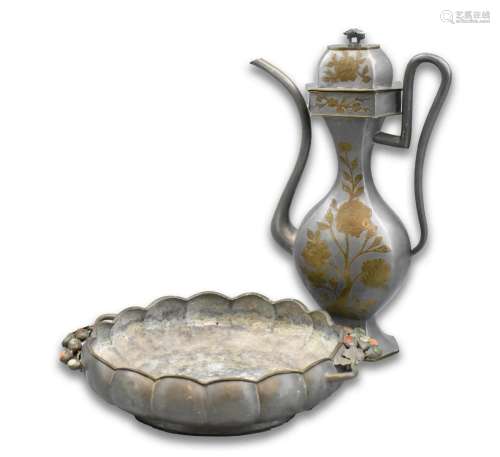 Chinese Pewter Wine Pot & Tray, ROC Period