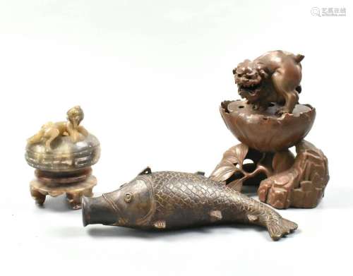 3 Table Object,Bronze Fish,Lion&Chilong Waterpot