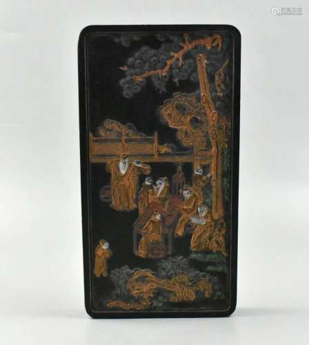 Chinese Gilt Ink Stone w/ Five Elderly, Qing D.