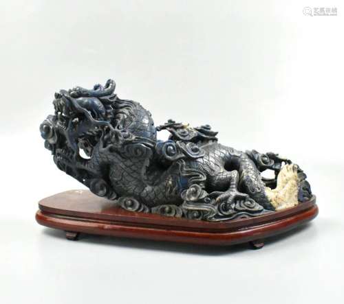Large Chinese Lapis Dragon Statue on Stand
