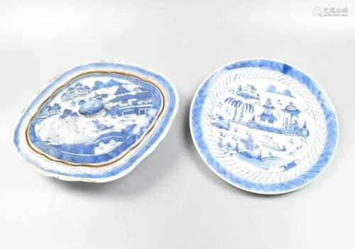 2 Chinese Blue & White Plate and Tureen, 19th C.