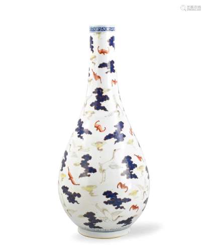Large Chinese Blue& Famille Rose Vase w/ Crane